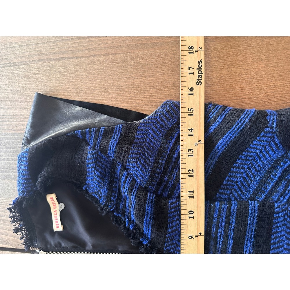 Rebecca Taylor Blue Black Tweed Faux Leather Trim Fit Flare Dress Size 2 - Picture 4 of 7